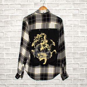 Public School NY Art Patch Button up Shirt Gray Plaid Size Small